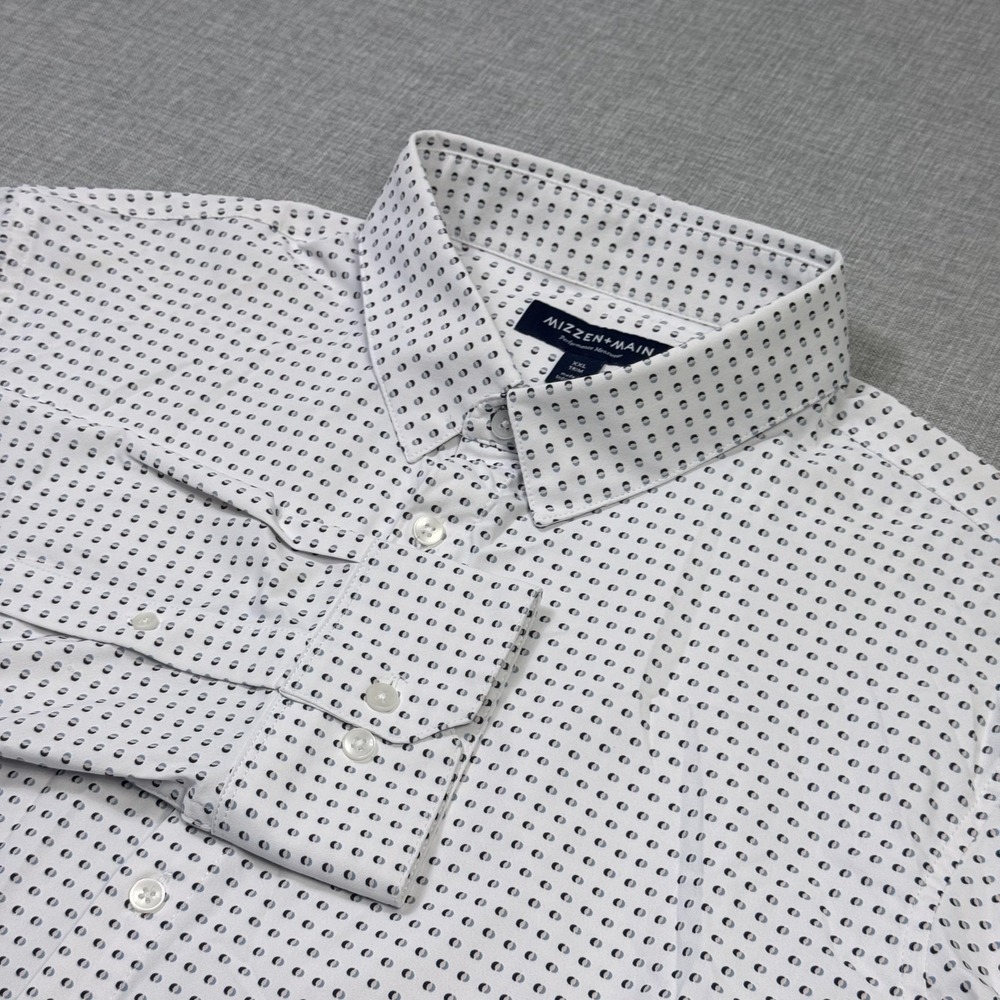 Mizzen + Main Dress Shirt Mens 2XL White Polka Dot Point Collar Long Sleeve